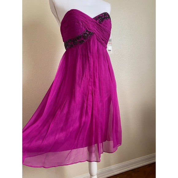 Maggy London 100% Silk dress NEW TAG fuchsia beaded pink crepe rushed fit flare - Picture 2 of 12